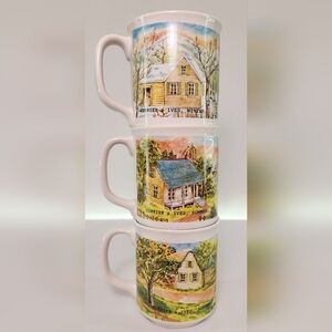 3 vintage Currier & Ives winter, autumn & summer coffee/tea mugs